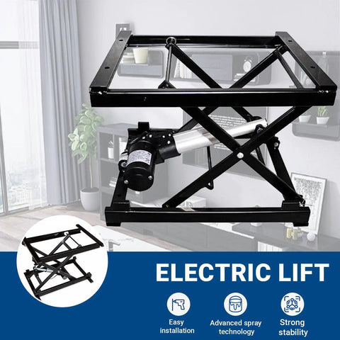 Heavy Duty Electric Scissor Lift Table With Wireless Controller Raising Your Workbench Or Display Stand Smoothly Loads Up To 99 Lbs Quiet Motor, top view showing motor and metal frame.