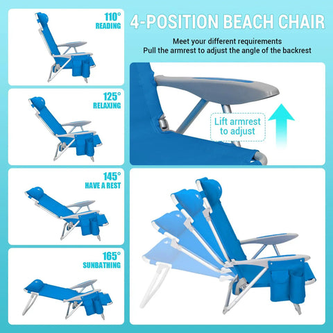 Adult Beach Chair Set With Adjustable Recline And Lay Flat Position Lightweight Foldable Aluminum Chairs With 4-position backrest