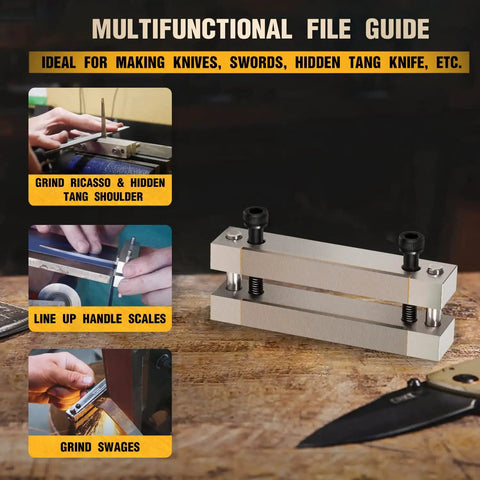 Pro Grade Multifunction Knife Making File Guide With Carbide Surface showing uses for hidden tang shoulders, handle scales, and swages.