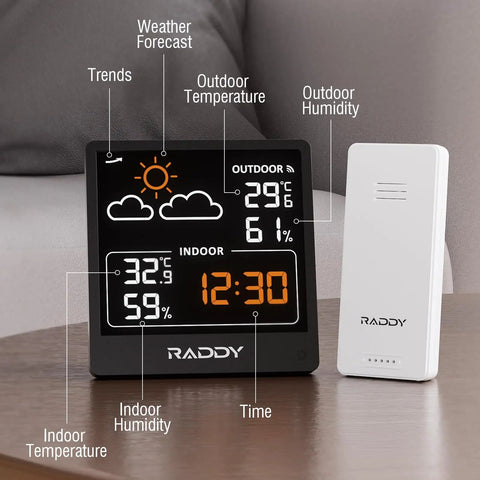 Indoor Outdoor Thermometer and Hygrometer Wireless Weather Station With 5-Inch VA Display, USB-C Powered, shown with sensor