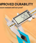 Digital caliper measuring tool with display reads 25.9, highlighting improved durability, pressure resistance, and rust-proof features.