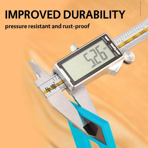 Digital caliper measuring tool with display reads 25.9, highlighting improved durability, pressure resistance, and rust-proof features.