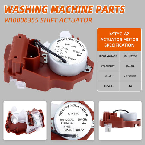 Rock Solid Washer Shift Actuator Compatible With Whirlpool And Crosley Front Load Machines, motor details and specifications visible.