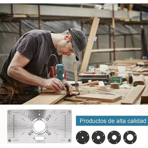 Heavy Duty Aluminum Router Table Insert Plate With Hella Precise Depth Marks And Four Caliber Sizes For Dead Straight Woodworking Trimming Over Any Shop Bench Project in use with a woodworker.