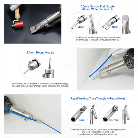 1600W Hot Air Plastic Welder Kit For Roofing And Vinyl PVC TPO Repairs, handheld heat gun welding torch with adjustable nozzles
