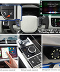 Plug And Play Wireless CarPlay Receiver For Land Rover Range Rover Evoque Discovery 4 Jaguar XE XF Bosch CarPlay Interface Retrofit Kit With Android Auto Mirror Link Reverse Camera USB Drive installed in dashboard with touchscreen, steering wheel control, and reverse camera view.