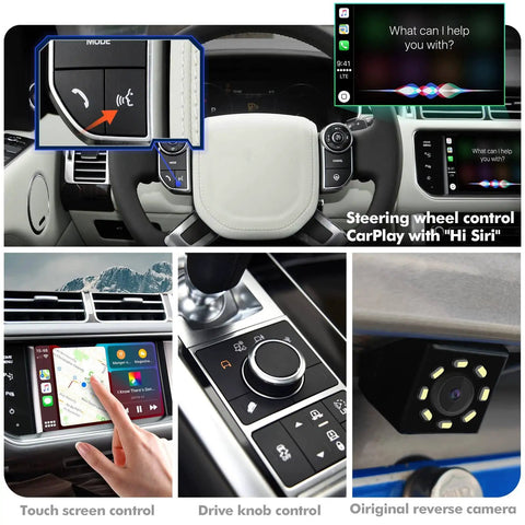 Plug And Play Wireless CarPlay Receiver For Land Rover Range Rover Evoque Discovery 4 Jaguar XE XF Bosch CarPlay Interface Retrofit Kit With Android Auto Mirror Link Reverse Camera USB Drive installed in dashboard with touchscreen, steering wheel control, and reverse camera view.