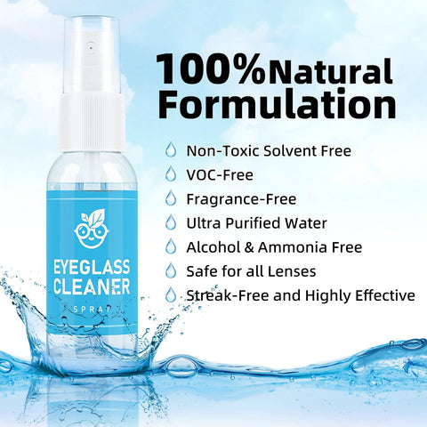 Front view of blue eyeglass cleaner spray bottle with white cap and water splash.