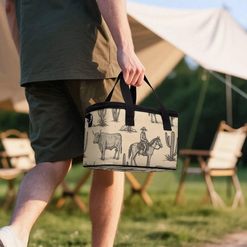 Person holding Insulated Lunch Box For Work And On The Go With Leakproof Construction and Removable Shoulder Strap, Western Cowboy design