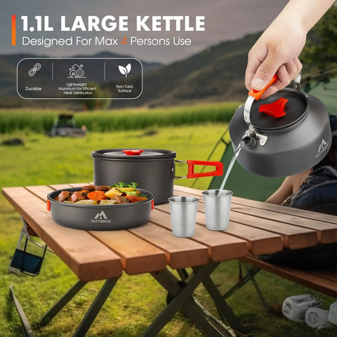 17 Piece Campout Friendly Camping Cookware Kit With Large Pot And Small Kettle Plus 7 Inch Frying Pan on wood table