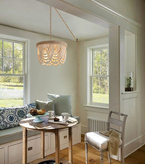 Boho Beaded Flush Mount Ceiling Light 3 Light Fixture In Rustic Antique White Wood Beads in cozy living room nook
