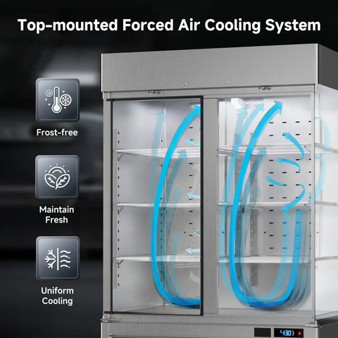 Heavy Duty Commercial Upright Freezer With Kickass WiFi Setup App Slick Temp Control LED Interior Lighting Solid Stainless Steel 49 Cubic Foot showing top-mounted forced air cooling system.