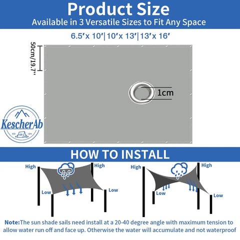Waterproof Sun Shade Sail 13 by 16 Feet Rectangle With Grommets UV Blocking Shade Cloth For Backyard Deck Patio Garden, Light Gray, 280GSM Polyester