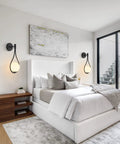Modern Globe Wall Sconce Set Of 2 Black Glass Drop Lights in bedroom, frosted glass ball, minimalist water drop design, premium ambient lighting