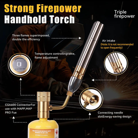 Triple Flame Turbo Torch Head With High Output Heat for welding brazing and soldering 25590 BTU 2372F 1300C detail view