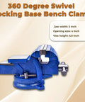 Heavy Duty Bench Vise With Anvil And 360 Degree Swivel Locking Base For A Real Workhorse Clamping In Home Shops Or Industrial Settings, 5 Inch Jaw, 4.92 Inch Wide, 4.33 Inch Opening, Cast Iron Construction, Replaceable Jaws, Steel Handle. Blue 5-inch bench vise with 360-degree swivel base
