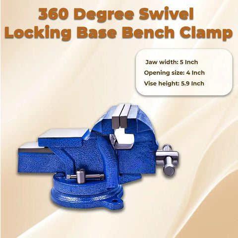Heavy Duty Bench Vise With Anvil And 360 Degree Swivel Locking Base For A Real Workhorse Clamping In Home Shops Or Industrial Settings, 5 Inch Jaw, 4.92 Inch Wide, 4.33 Inch Opening, Cast Iron Construction, Replaceable Jaws, Steel Handle. Blue 5-inch bench vise with 360-degree swivel base