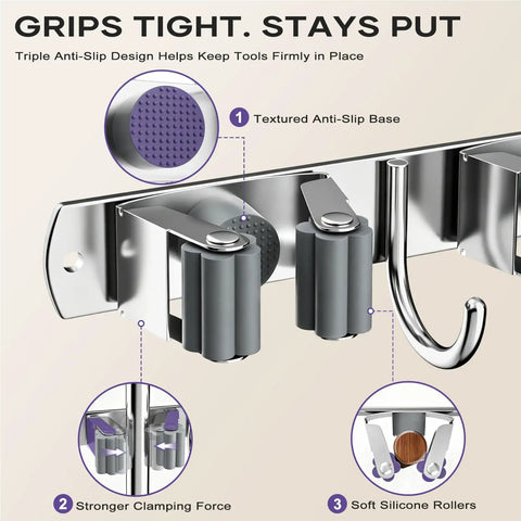 Heavy Duty Wall Mount Broom And Mop Organizer With Five Clamps And Four Hooks Stainless Steel Cleaning Tool Rack detail