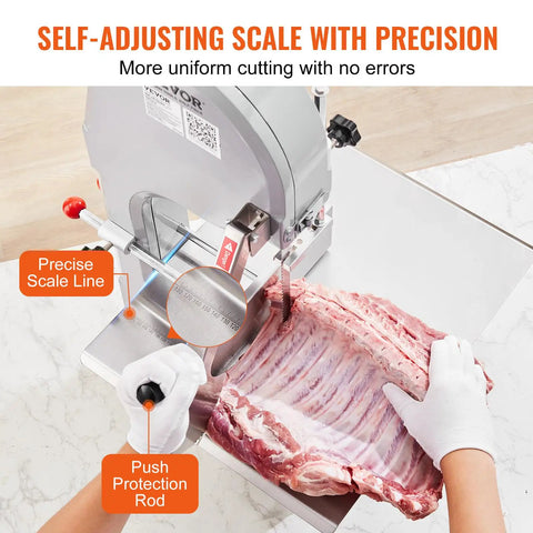 Beast 1500W Stainless Steel Meat Bandsaw For Home Butchering Countertop Bone Saw in use cutting meat with precision scale