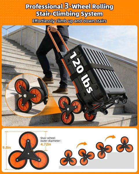 Stair Climbing Dolly With 220Lb Capacity Lightweight Hand Truck Cart on stairs, showcasing 3-wheel system, portable use.