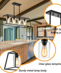 Dope Modern Farmhouse Linear Pendant Light Fixture With Glass Shade Four Light Black Steel Dining Room Chandelier over kitchen island
