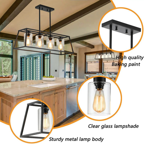 Dope Modern Farmhouse Linear Pendant Light Fixture With Glass Shade Four Light Black Steel Dining Room Chandelier over kitchen island