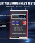 Front view of Surface Roughness Tester With LED Display And 0.01 Micron Precision, showing controls and display on a blue background.