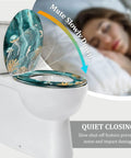 Elongated Resin Toilet Seat for Bathroom with quiet close feature, artistic design, perfect for a tranquil bathroom decor.