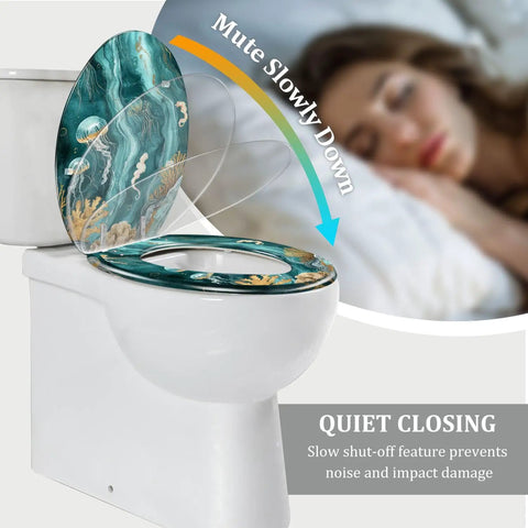 Elongated Resin Toilet Seat for Bathroom with quiet close feature, artistic design, perfect for a tranquil bathroom decor.