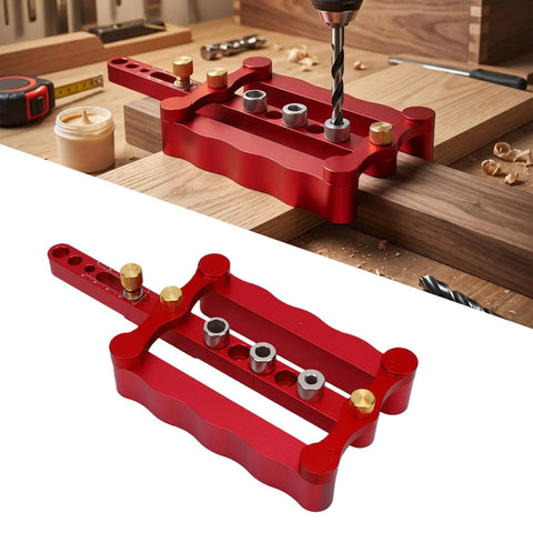 Dead On Precision Complete Self Centering Doweling Jig Kit With Professional Drill Bushes, showing red aluminum construction.