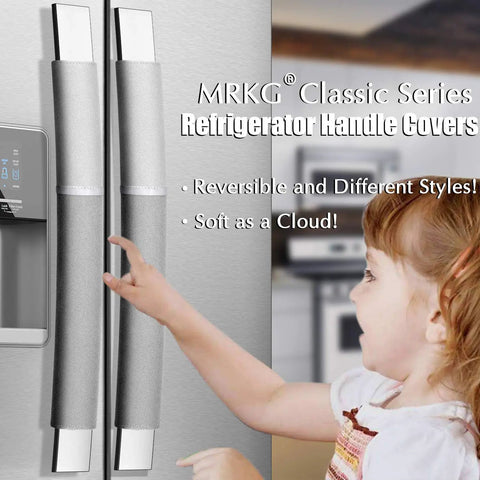 Child touching gray Refrigerator Door Handle Covers Set Of 4 Washable And Fade Resistant Keeps Handles Clean from Smudges