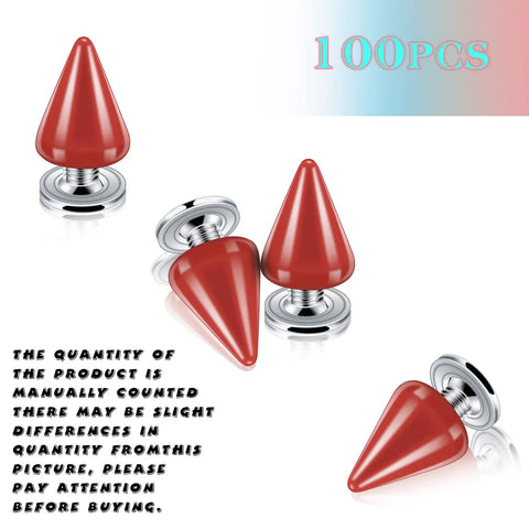 Premium Full 100 Pack Of Straight Up Badass Red Punk Metal Spike Studs And Screw Back Rivets Kit For Leather Jacket Hardware Shoe Embellishment Diy Craft Gear Upgrade, 7x10mm zinc alloy spikes.