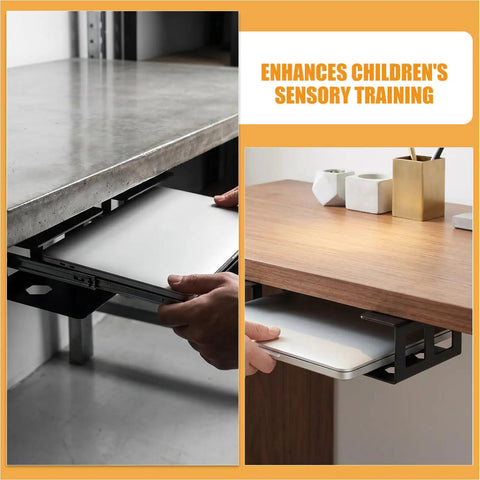 Image of Heavy Duty Under Desk Laptop Mount Rack securely holding a laptop beneath a wooden table and a concrete surface.