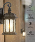 Dusk to Dawn Outdoor Wall Lights With Water Ripple Glass Waterproof Lanterns on wall with rain, IP65 waterproof rating, porch setting.