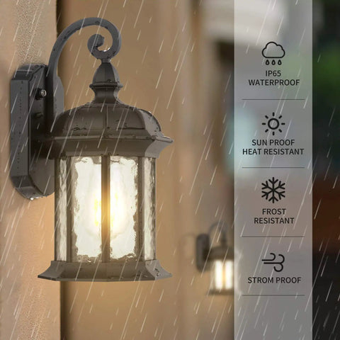Dusk to Dawn Outdoor Wall Lights With Water Ripple Glass Waterproof Lanterns on wall with rain, IP65 waterproof rating, porch setting.