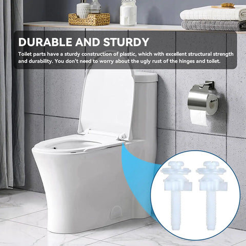 Universal White Toilet Seat Screw Replacement Kit With Heavy Duty Plastic Bolts Hinge Nut Washer Set for hassle-free bathroom fixes next to a toilet.