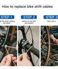 Three-step guide showing installation of Rugged 4mm Lined Shift Cable Housing Kit For Mountain And Road Bikes, 3 Meters
