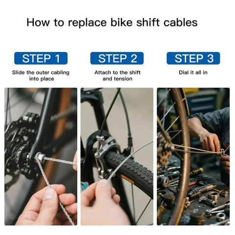 Three-step guide showing installation of Rugged 4mm Lined Shift Cable Housing Kit For Mountain And Road Bikes, 3 Meters