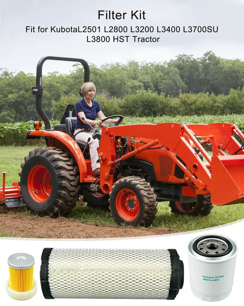 Six Filter Set For Kubota L Series Tractors L2501 L2800 L3200 L3400 L3700SU L3800 HST Includes Air Filter Oil Filter Lube Filter Fuel Filter And Hydraulic Filter Replaces HH16432430 And 6A32059930 6 Pcs with a Kubota tractor in the field and images of the filters below.