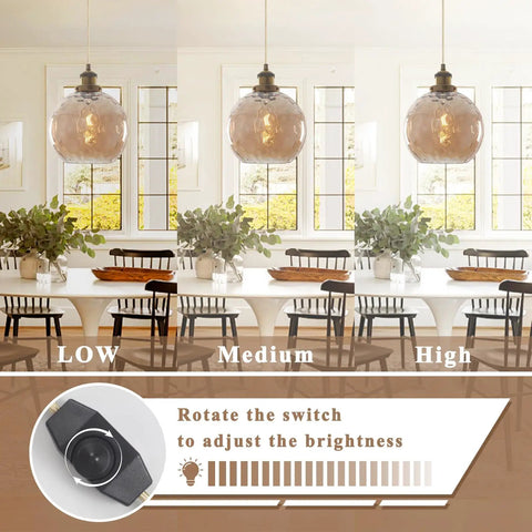 Plug In Pendant Light With Dimmable Switch And Blue Glass Hammered Globe Shade For Dining Room Kitchen Island And Bedroom Dope Farmhouse Vibe Hanging Light Fixture On Cord Six Candle Style showing dimmable settings in dining area.