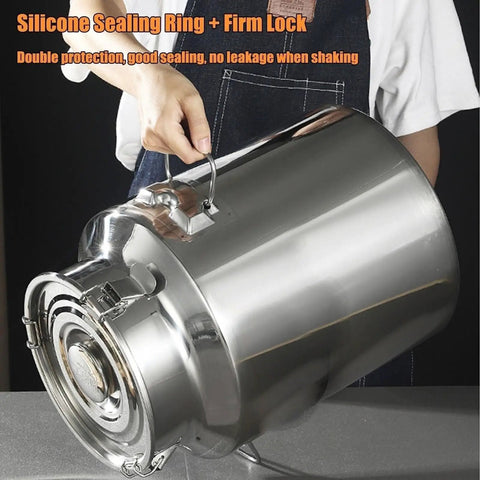 Premium 12.68 Gallon Stainless Steel Milk Can With Airtight Lids showing secure locking lid and silicone sealing ring for spill prevention.