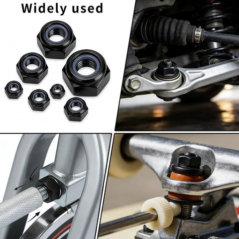 Heavy Duty M4 Nylon Insert Lock Nuts 150 Piece Assortment black fasteners shown in various applications on machinery and bikes.