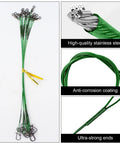 Premium Heavy Duty Steel Fishing Wire Leaders With Swivels 50 Piece Pre Rigged Anti Bite Tippet Kit showing green coated stainless steel.