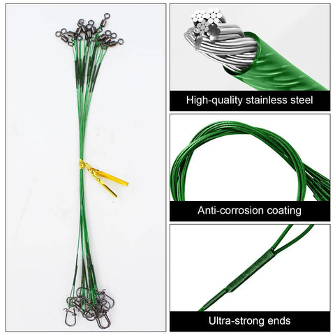 Premium Heavy Duty Steel Fishing Wire Leaders With Swivels 50 Piece Pre Rigged Anti Bite Tippet Kit showing green coated stainless steel.