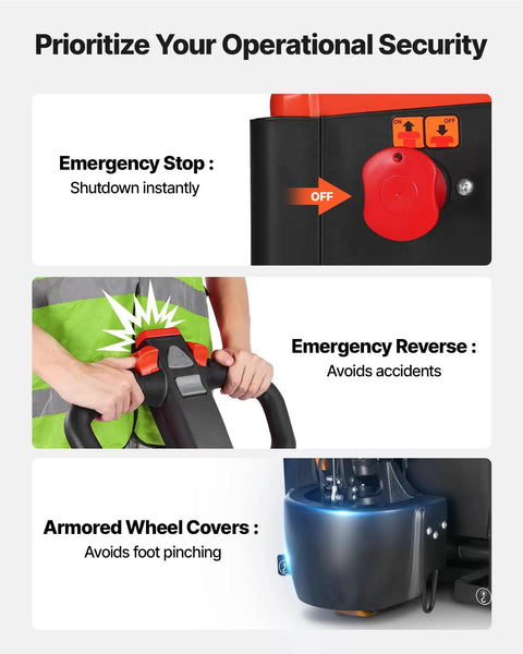VEVOR Electric Pallet Jack Truck, 4400 Lbs Heavy Duty Capacity, safety features include emergency stop and reverse.
