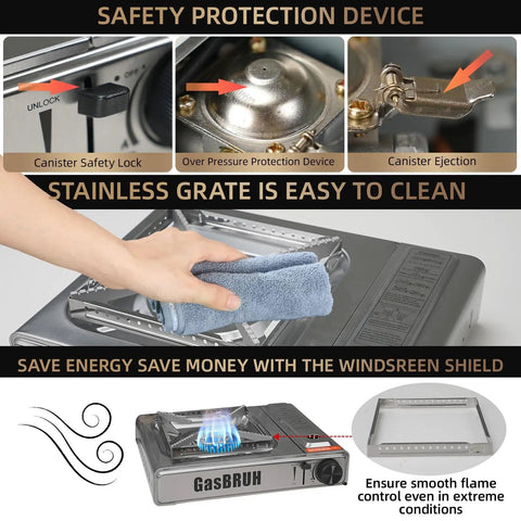 10000 BTU Stainless Steel Camp Stove With Wind Blocker Portable Gas Stove For Camping Tailgating And Outdoor Cooking in use with a hand cleaning the grate