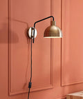Vintage Industrial 1 Light Wall Sconce Plug In Or Hardwire With Antique Brass And Matte Black Accent Fabric Cord
