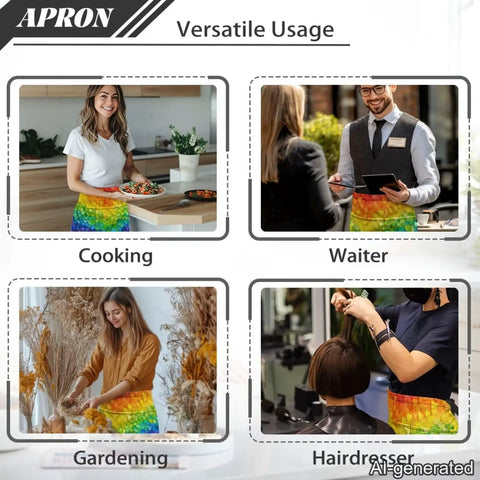 People using Rainbow Hearts 3 Pocket Waist Short Apron Waterproof Oil Resistant Half Apron for various tasks including cooking and hairdressing.