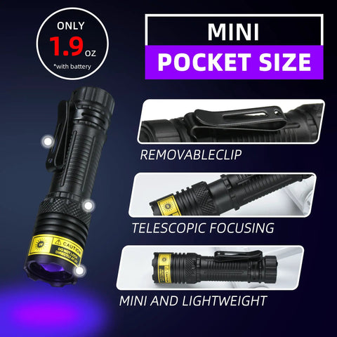 Mini 395nm UV Flashlight With USB C Rechargeable Black Light showing removable clip and telescopic focusing feature.