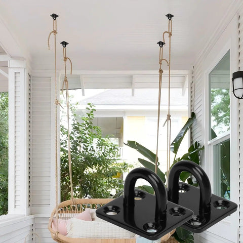 Badass Stainless Steel Pad Eye Plate 5 Pack Heavy Duty Rigging Hardware attached to ceiling for secure hanging in porch.